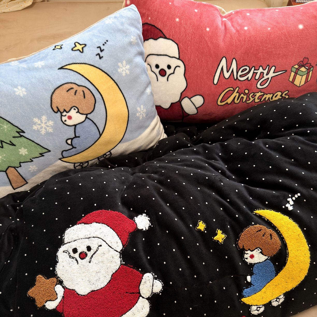 91家纺网 家纺一手货源 找家纺 罗亿家纺 2025新款高克重200g牛奶绒数码印花毛巾绣卡通四件套（小红书推荐）提供买家秀 小王子的圣诞夜