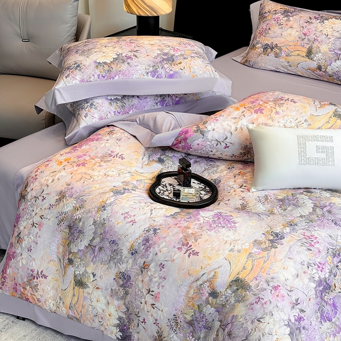 东方名伶 2025新款50S全棉数码印花长绒棉四件套 田园风景-紫