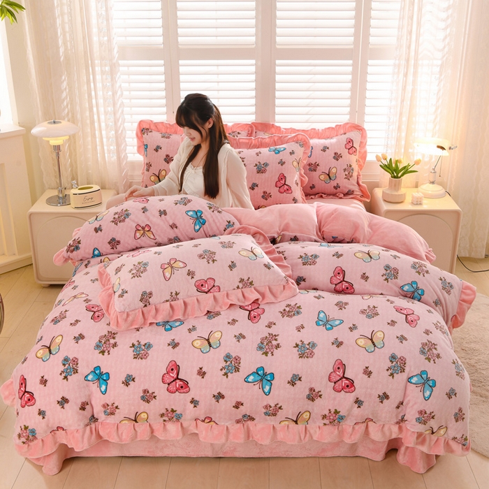 91家纺网 家纺一手货源 找家纺 （总）千姿坊 2025新款韩版牛奶绒花边款四件套