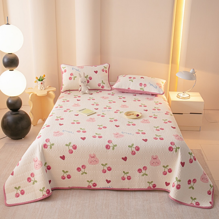 91家纺网 家纺一手货源 找家纺 恒尚居 2025新款全棉牛奶绒床盖四季可用纯棉夹棉床单床褥垫三件套-秋冬款系列二 樱桃粉兔【A纯棉-B牛奶绒】