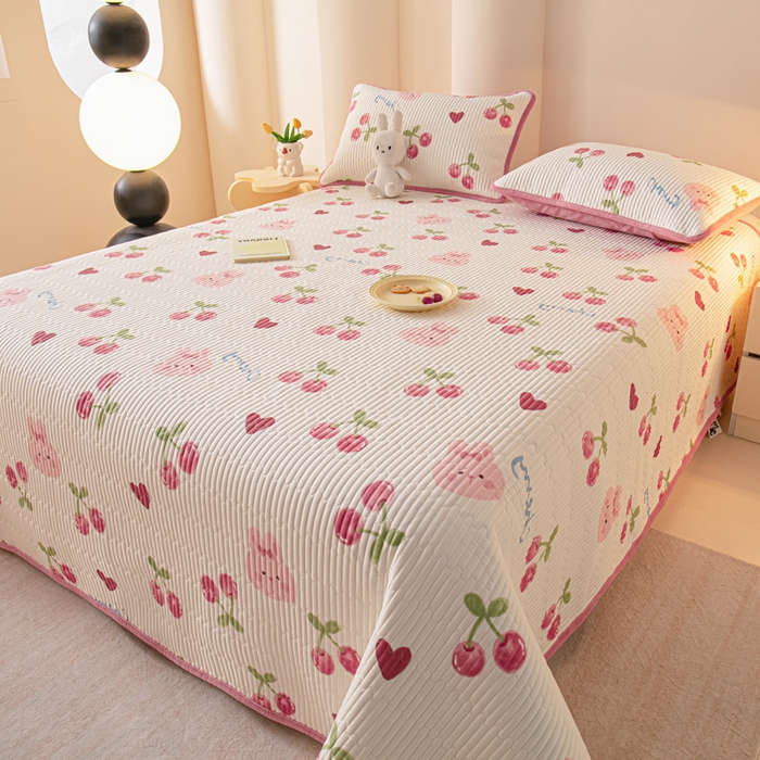 91家纺网 家纺一手货源 找家纺 恒尚居 2025新款全棉牛奶绒床盖四季可用纯棉夹棉床单床褥垫三件套-秋冬款系列二 樱桃粉兔【A纯棉-B牛奶绒】