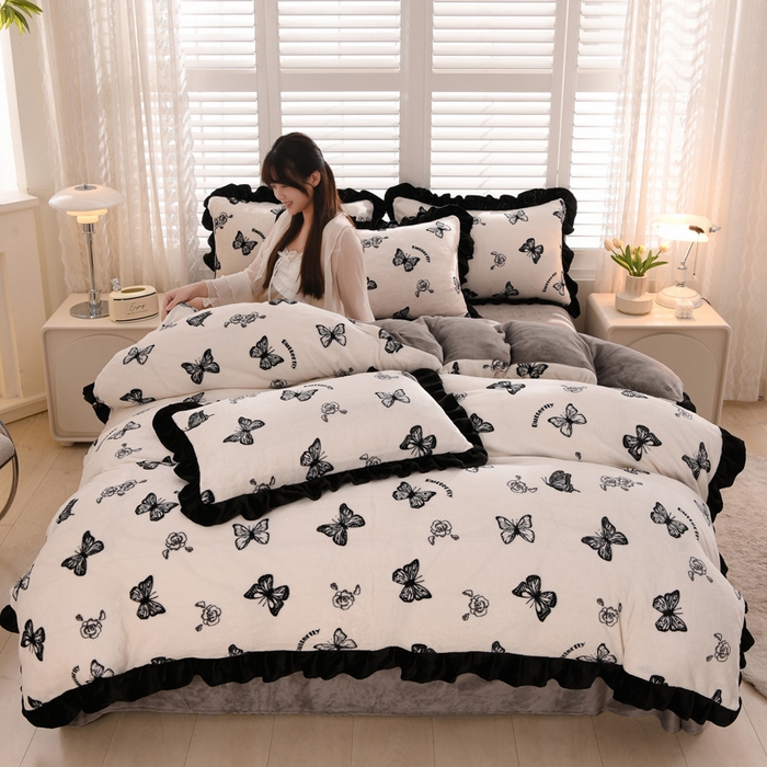 千姿坊 2025新款韩版牛奶绒花边款四件套 3蝶舞