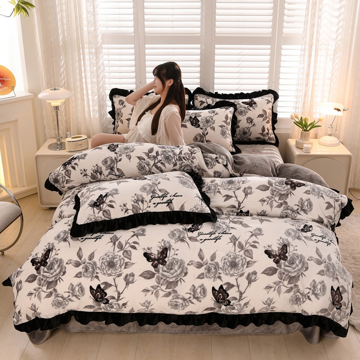 千姿坊 2025新款韩版牛奶绒花边款四件套 4蝶花私语