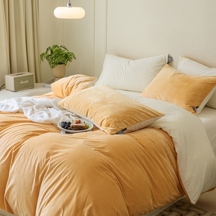 91家纺网 家纺一手货源 找家纺 ONE TWO ONE 121 新品【婴儿绒德芙绒四件套】2025毛毯被子四件套单件床单被套床笠珊瑚绒牛奶绒冬被法兰绒兔毛绒双拼款 双拼-橙橘奶白