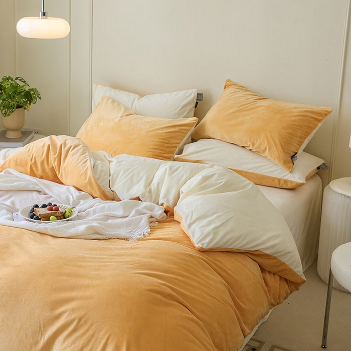 91家纺网 家纺一手货源 找家纺 ONE TWO ONE 121 新品【婴儿绒德芙绒四件套】2025毛毯被子四件套单件床单被套床笠珊瑚绒牛奶绒冬被法兰绒兔毛绒双拼款 双拼-橙橘奶白