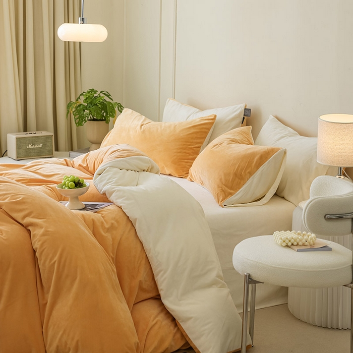 91家纺网 家纺一手货源 找家纺 ONE TWO ONE 121 新品【婴儿绒德芙绒四件套】2025毛毯被子四件套单件床单被套床笠珊瑚绒牛奶绒冬被法兰绒兔毛绒双拼款 双拼-橙橘奶白