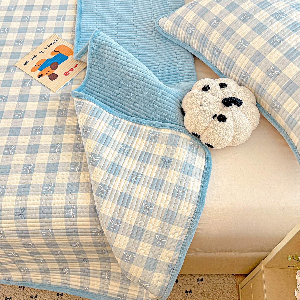 91家纺网 家纺一手货源 找家纺 恒尚居 2025新款全棉牛奶绒床盖四季可用纯棉夹棉床单床褥垫三件套-秋冬款系列二 青春兰【A纯棉-B牛奶绒】