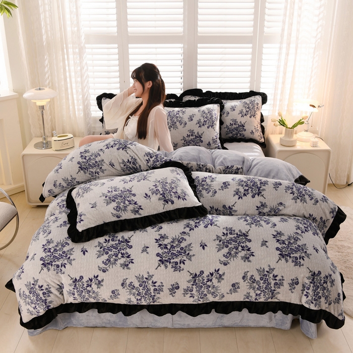 千姿坊 2025新款韩版牛奶绒花边款四件套 10花影