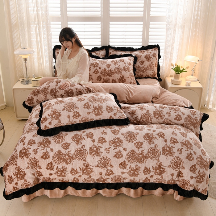 千姿坊 2025新款韩版牛奶绒花边款四件套 11咖色玫瑰