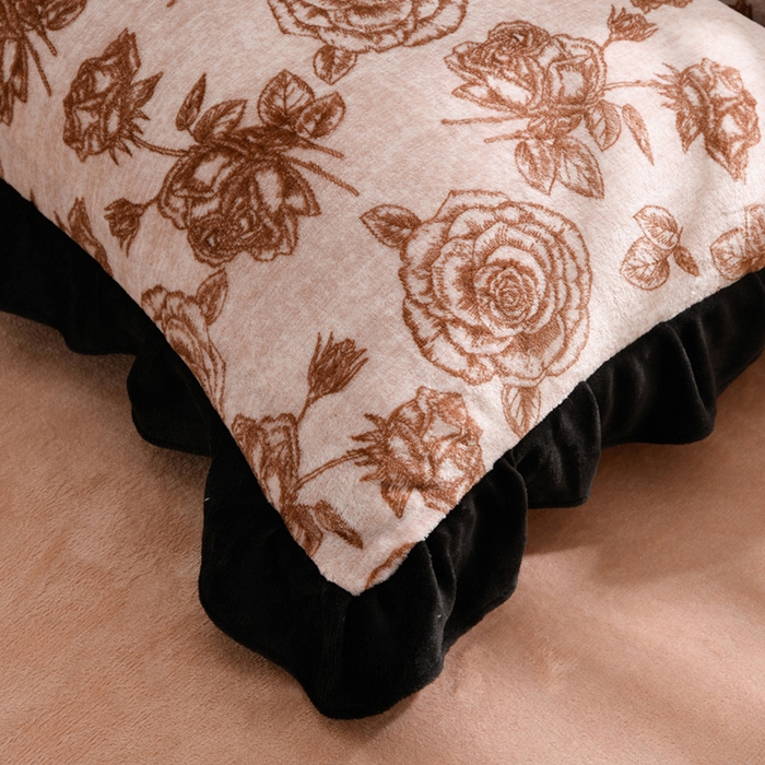 91家纺网 家纺一手货源 找家纺 千姿坊 2025新款韩版牛奶绒花边款四件套 11咖色玫瑰