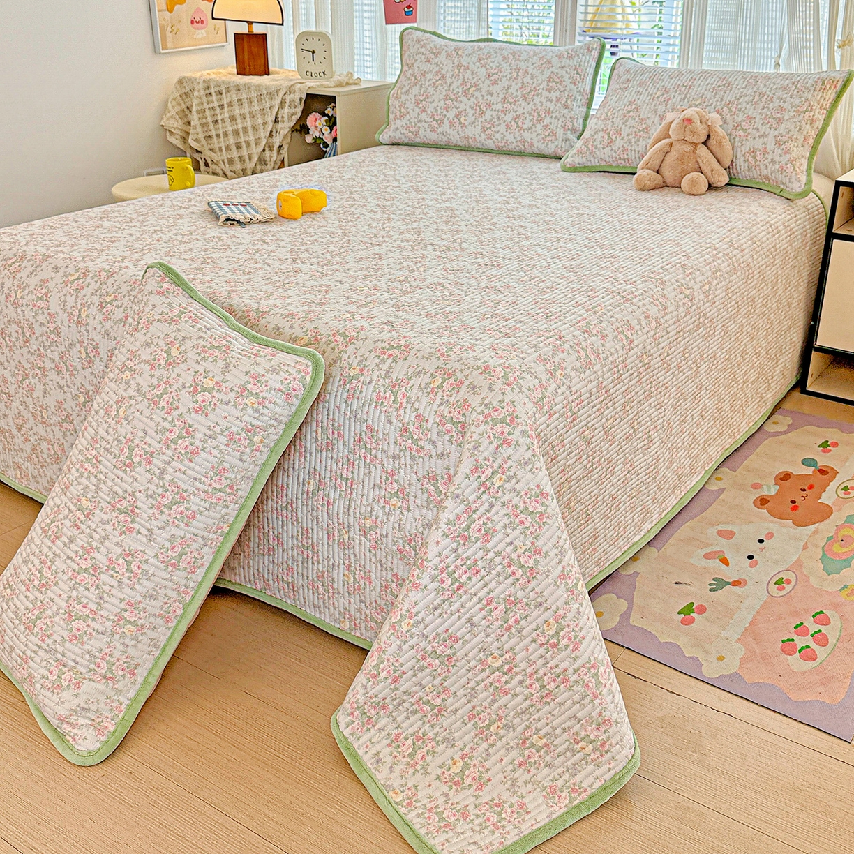 91家纺网 家纺一手货源 找家纺 恒尚居 2025新款全棉牛奶绒床盖四季可用纯棉夹棉床单床褥垫三件套-秋冬款系列二 紫薇花【A纯棉-B牛奶绒】