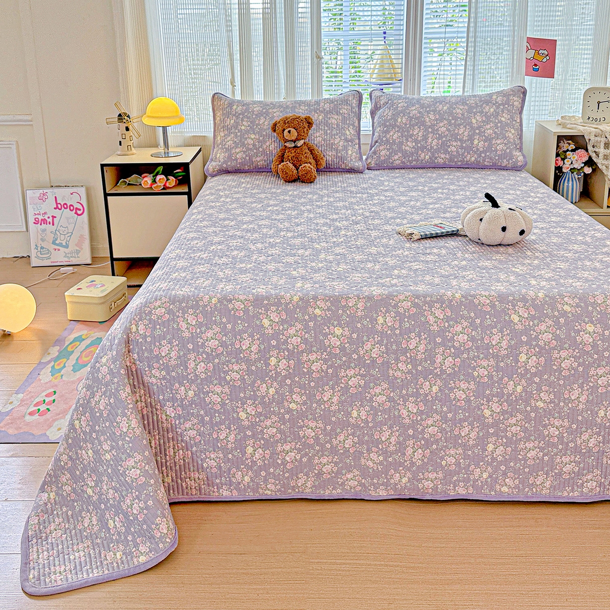 91家纺网 家纺一手货源 找家纺 恒尚居 2025新款全棉牛奶绒床盖四季可用纯棉夹棉床单床褥垫三件套-秋冬款系列二 花田物语【A纯棉-B牛奶绒】