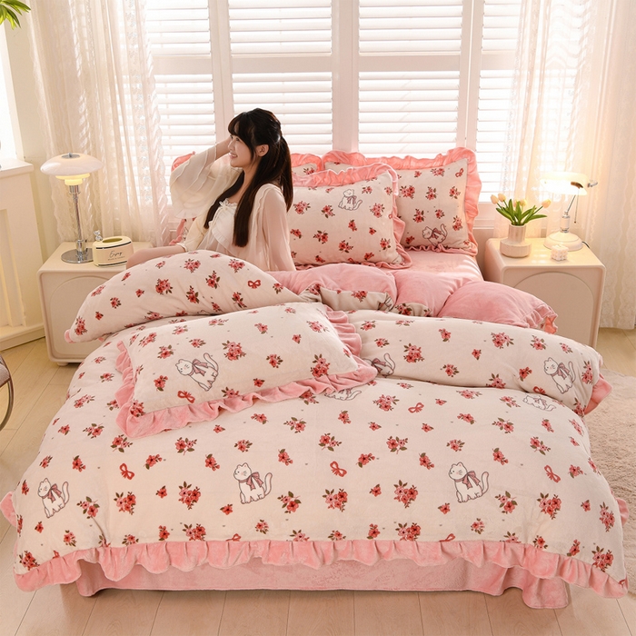 千姿坊 2025新款韩版牛奶绒花边款四件套 17粉花猫语