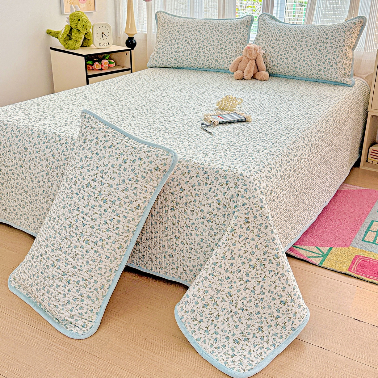 91家纺网 家纺一手货源 找家纺 恒尚居 2025新款全棉牛奶绒床盖四季可用纯棉夹棉床单床褥垫三件套-秋冬款系列二 蓝韵【A纯棉-B牛奶绒】