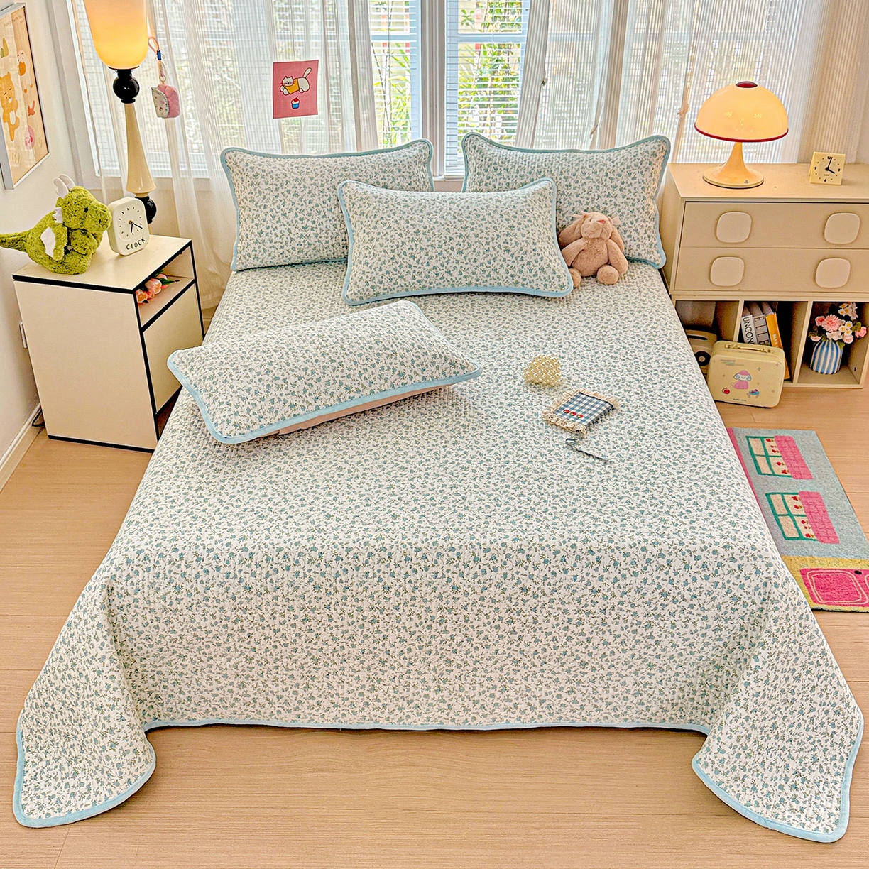 91家纺网 家纺一手货源 找家纺 恒尚居 2025新款全棉牛奶绒床盖四季可用纯棉夹棉床单床褥垫三件套-秋冬款系列二 蓝韵【A纯棉-B牛奶绒】