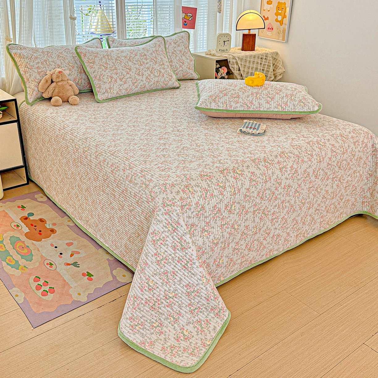 91家纺网 家纺一手货源 找家纺 恒尚居 2025新款全棉牛奶绒床盖四季可用纯棉夹棉床单床褥垫三件套-秋冬款系列二 紫薇花【A纯棉-B牛奶绒】