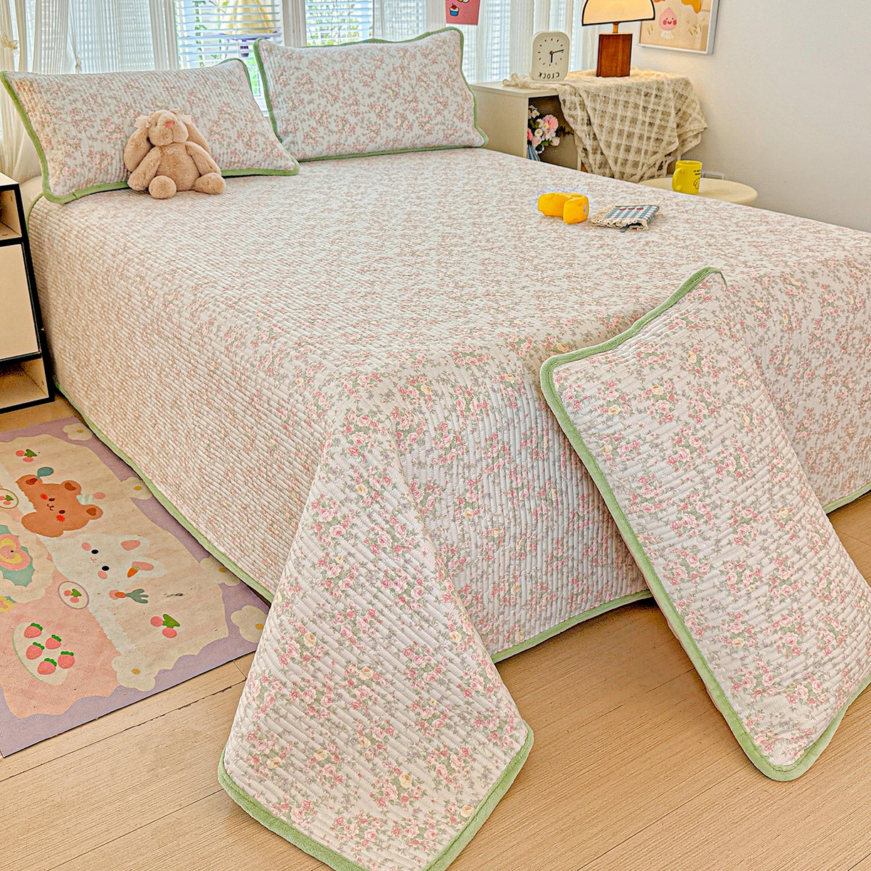 91家纺网 家纺一手货源 找家纺 恒尚居 2025新款全棉牛奶绒床盖四季可用纯棉夹棉床单床褥垫三件套-秋冬款系列二 紫薇花【A纯棉-B牛奶绒】