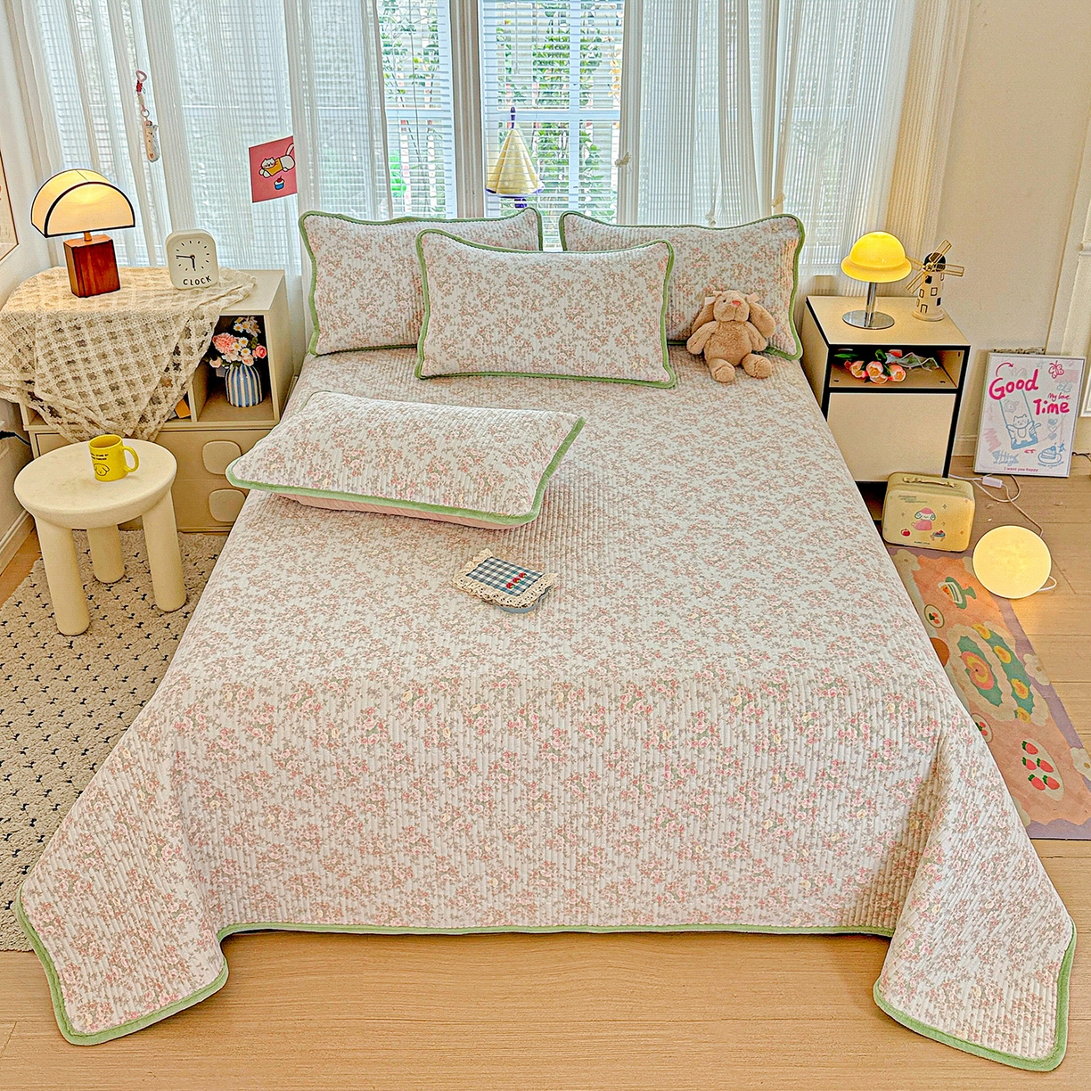 91家纺网 家纺一手货源 找家纺 恒尚居 2025新款全棉牛奶绒床盖四季可用纯棉夹棉床单床褥垫三件套-秋冬款系列二 紫薇花【A纯棉-B牛奶绒】