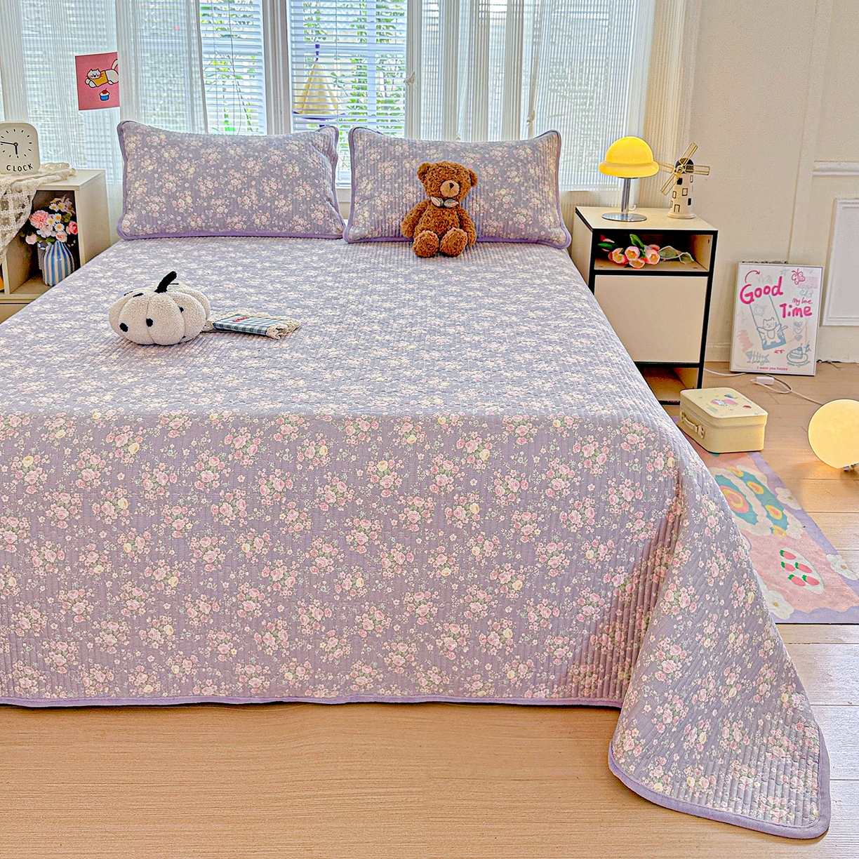 91家纺网 家纺一手货源 找家纺 恒尚居 2025新款全棉牛奶绒床盖四季可用纯棉夹棉床单床褥垫三件套-秋冬款系列二 花田物语【A纯棉-B牛奶绒】