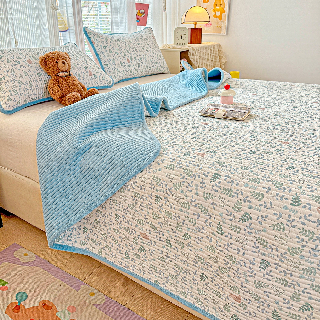 91家纺网 家纺一手货源 找家纺 恒尚居 2025新款全棉牛奶绒床盖四季可用纯棉夹棉床单床褥垫三件套-秋冬款系列二 绿野仙踪【A纯棉-B牛奶绒】