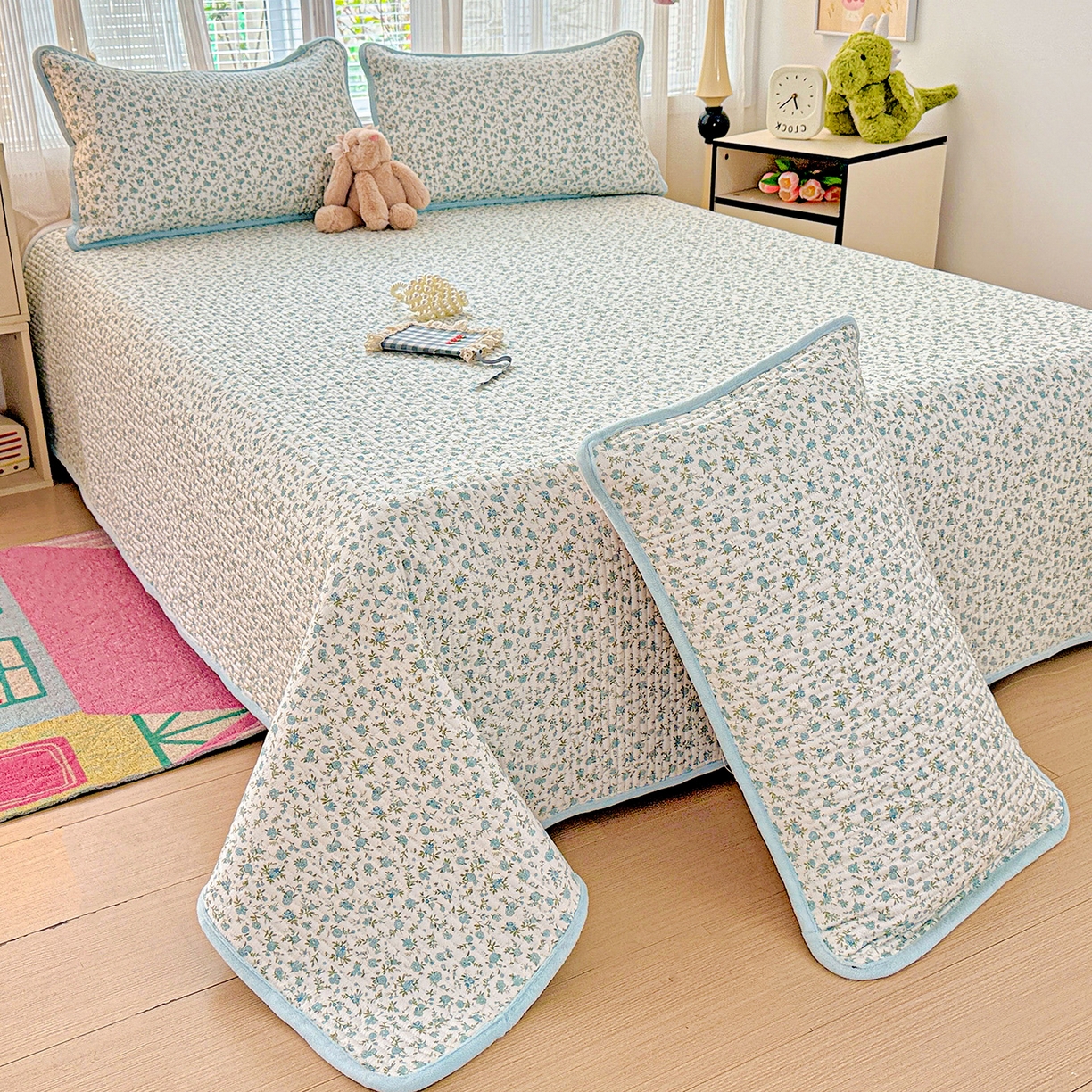 91家纺网 家纺一手货源 找家纺 恒尚居 2025新款全棉牛奶绒床盖四季可用纯棉夹棉床单床褥垫三件套-秋冬款系列二 蓝韵【A纯棉-B牛奶绒】