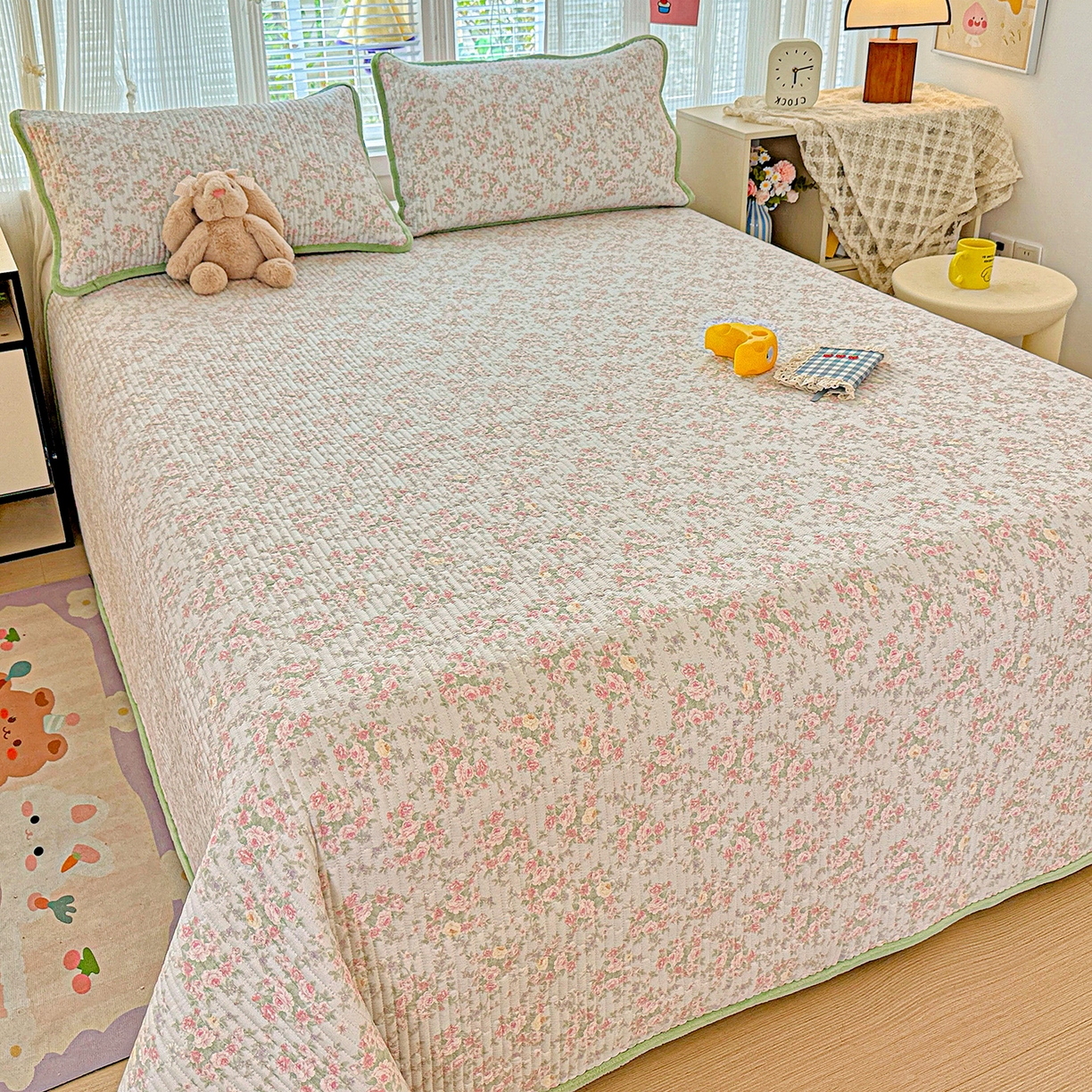 91家纺网 家纺一手货源 找家纺 恒尚居 2025新款全棉牛奶绒床盖四季可用纯棉夹棉床单床褥垫三件套-秋冬款系列二 紫薇花【A纯棉-B牛奶绒】