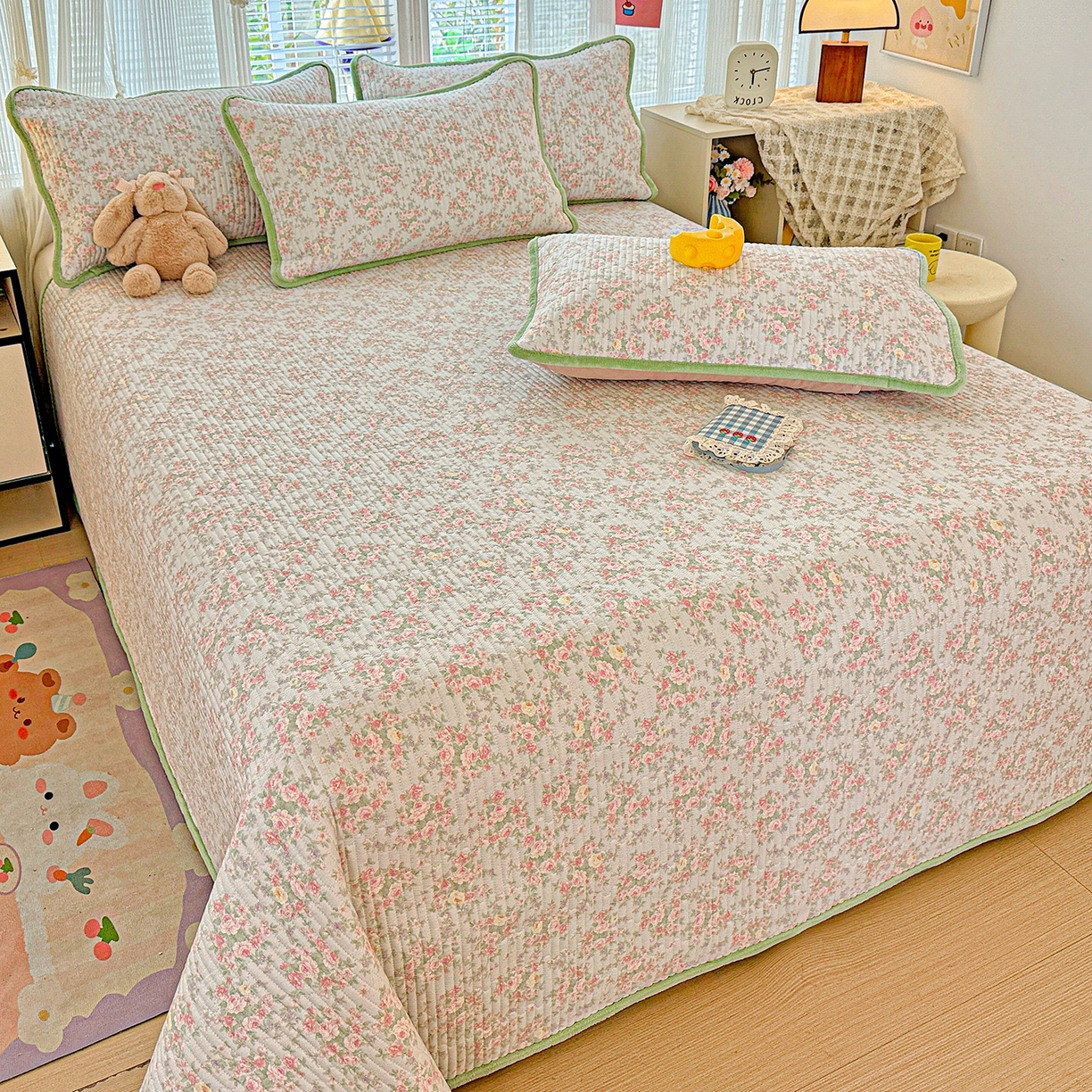 91家纺网 家纺一手货源 找家纺 恒尚居 2025新款全棉牛奶绒床盖四季可用纯棉夹棉床单床褥垫三件套-秋冬款系列二 紫薇花【A纯棉-B牛奶绒】