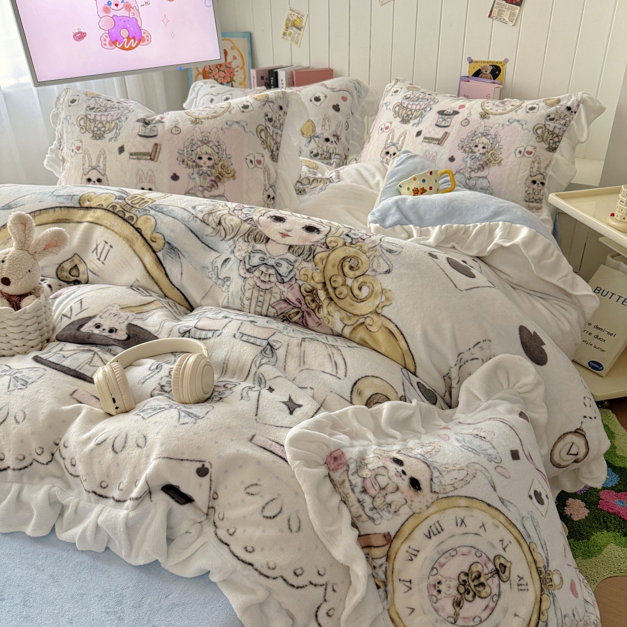 91家纺网 家纺一手货源 找家纺 （总）希诺家居 2025新款牛奶绒花边原创专版洛丽塔风少女心萝莉风大版牛奶绒四件套被套