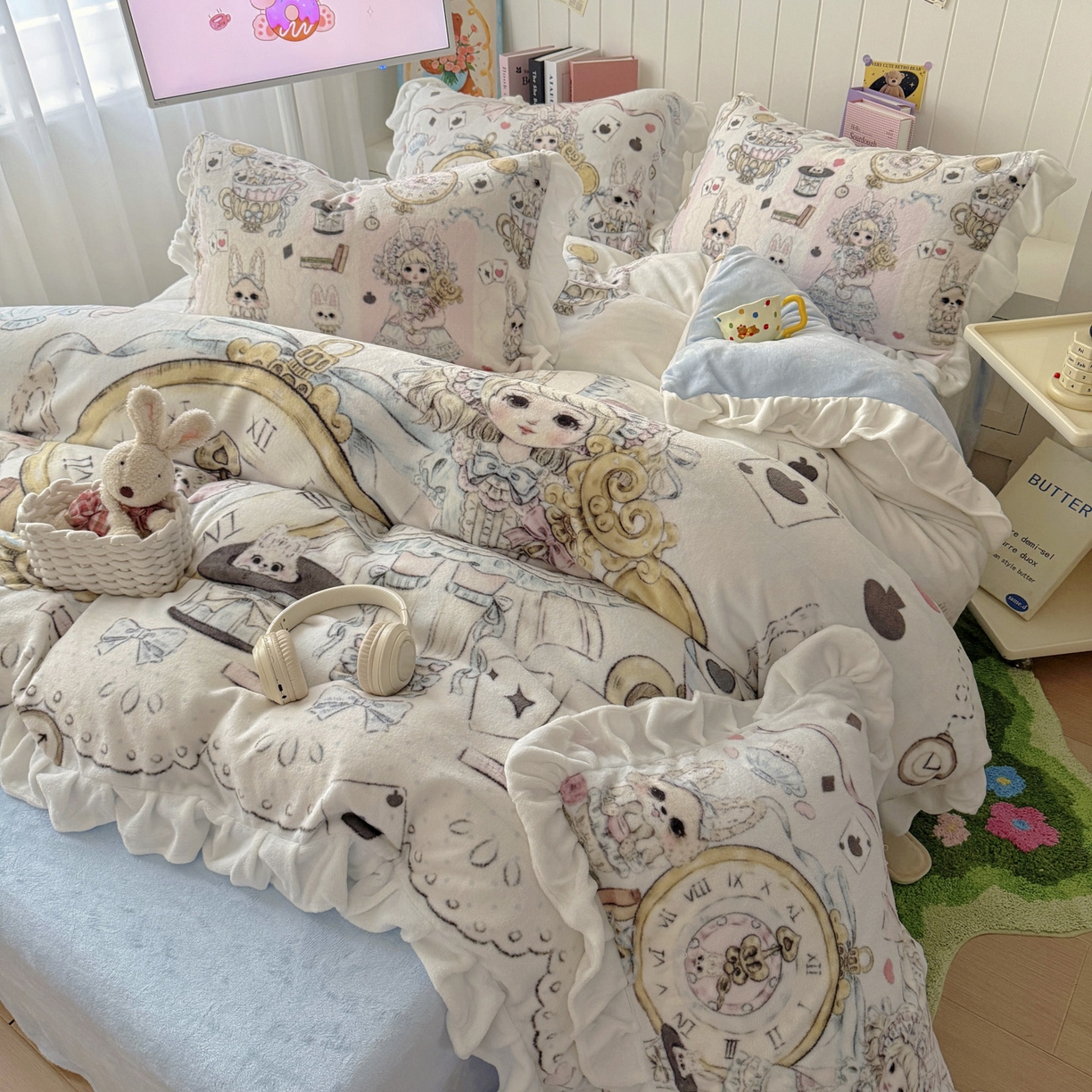 91家纺网 家纺一手货源 找家纺 （总）希诺家居 2025新款牛奶绒花边原创专版洛丽塔风少女心萝莉风大版牛奶绒四件套被套