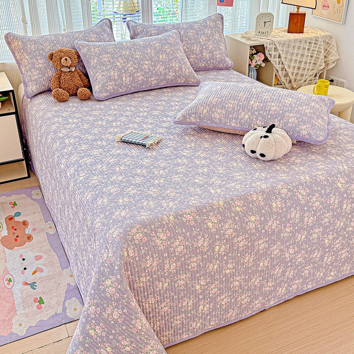 91家纺网 家纺一手货源 找家纺 恒尚居 2025新款全棉牛奶绒床盖四季可用纯棉夹棉床单床褥垫三件套-秋冬款系列二 花田物语【A纯棉-B牛奶绒】