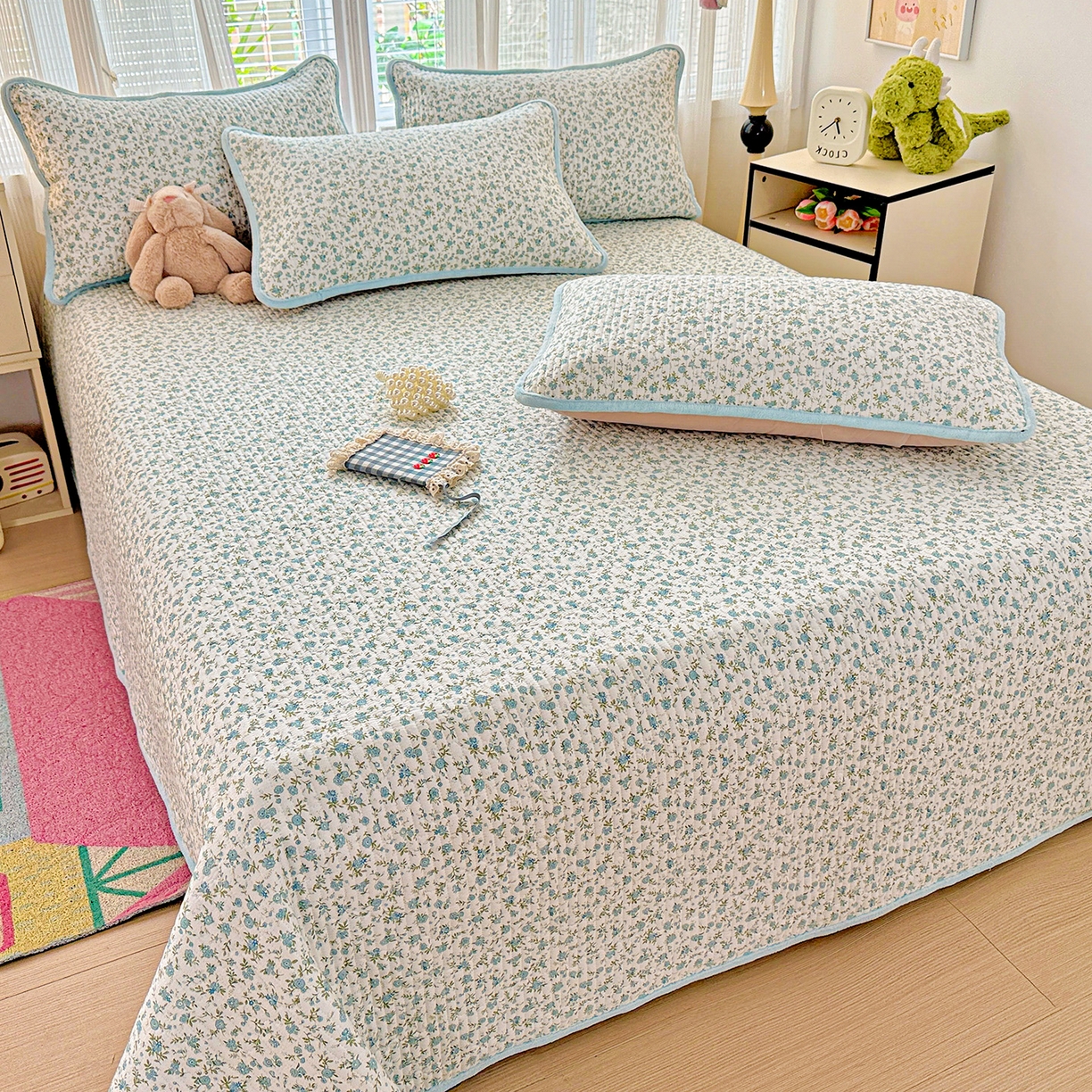 91家纺网 家纺一手货源 找家纺 恒尚居 2025新款全棉牛奶绒床盖四季可用纯棉夹棉床单床褥垫三件套-秋冬款系列二 蓝韵【A纯棉-B牛奶绒】