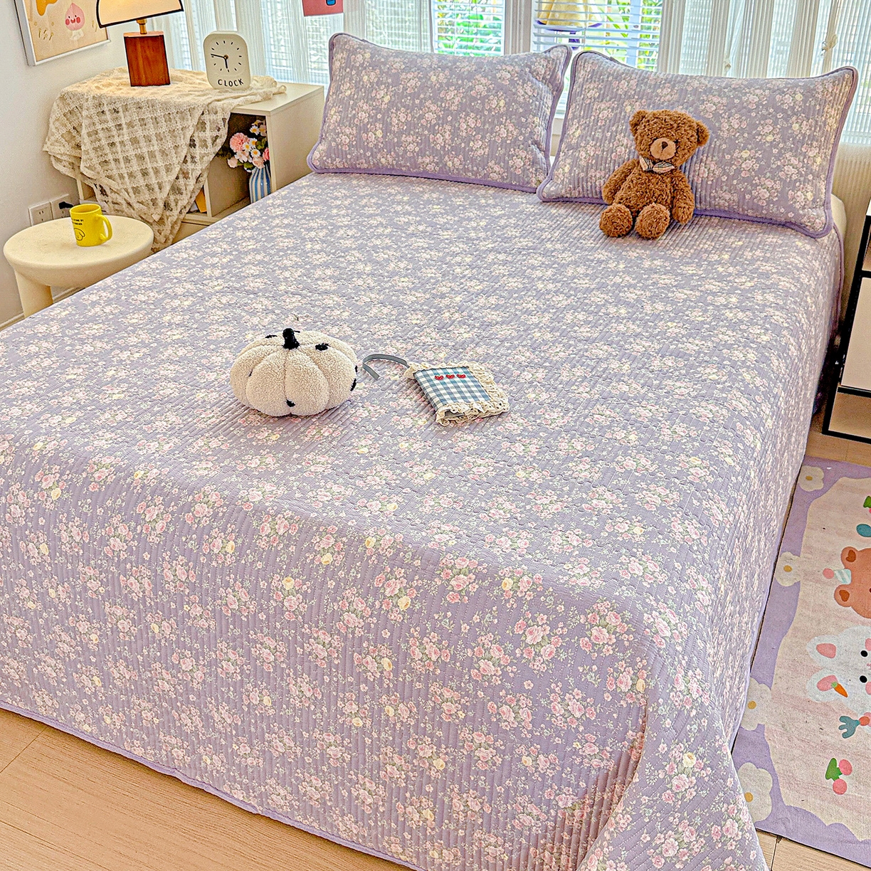 91家纺网 家纺一手货源 找家纺 恒尚居 2025新款全棉牛奶绒床盖四季可用纯棉夹棉床单床褥垫三件套-秋冬款系列二 花田物语【A纯棉-B牛奶绒】