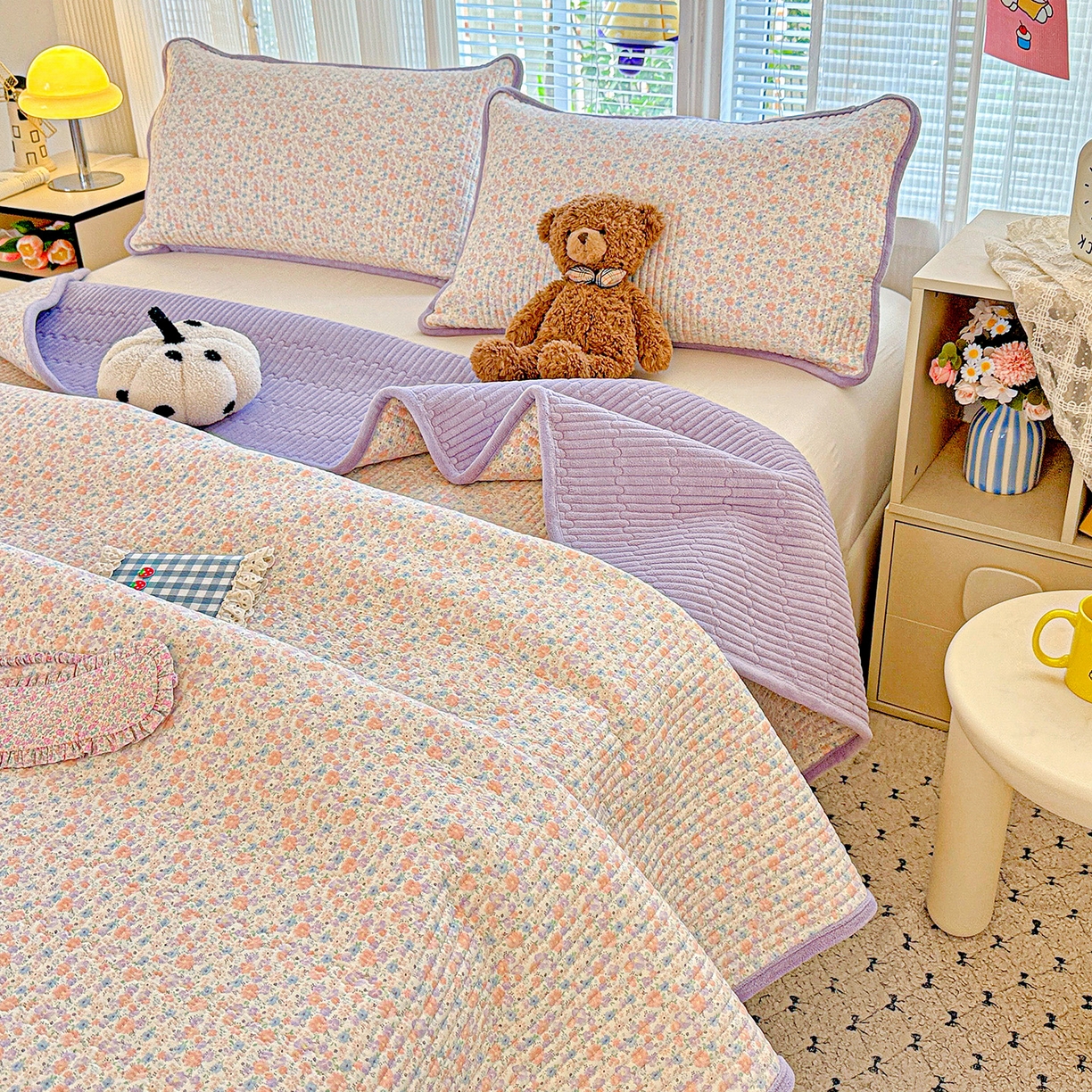 91家纺网 家纺一手货源 找家纺 恒尚居 2025新款全棉牛奶绒床盖四季可用纯棉夹棉床单床褥垫三件套-秋冬款系列二 初梦【A纯棉-B牛奶绒】