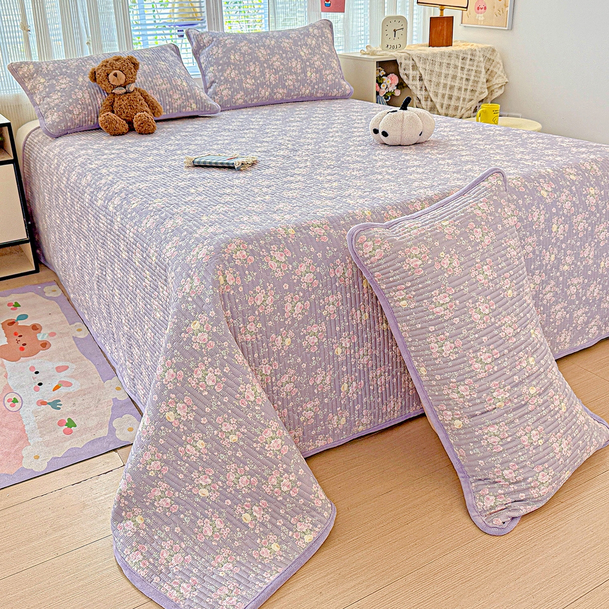 91家纺网 家纺一手货源 找家纺 恒尚居 2025新款全棉牛奶绒床盖四季可用纯棉夹棉床单床褥垫三件套-秋冬款系列二 花田物语【A纯棉-B牛奶绒】