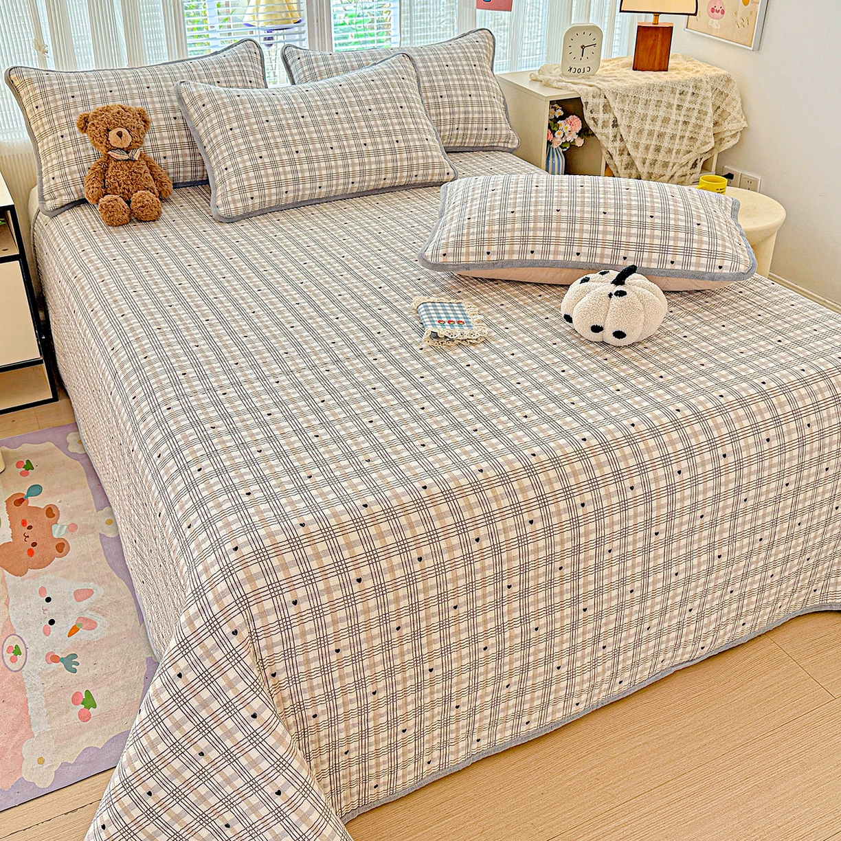 91家纺网 家纺一手货源 找家纺 恒尚居 2025新款全棉牛奶绒床盖四季可用纯棉夹棉床单床褥垫三件套-秋冬款系列二 简格调【A纯棉-B牛奶绒】