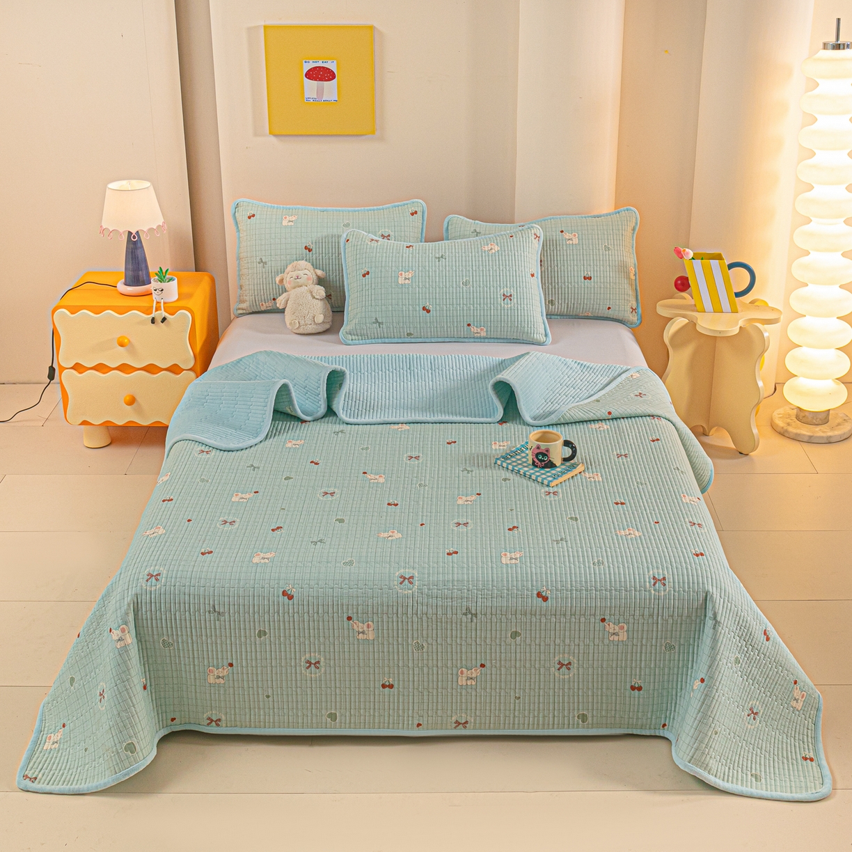 91家纺网 家纺一手货源 找家纺 恒尚居 2025新款全棉牛奶绒床盖四季可用纯棉夹棉床单床褥垫三件套-秋冬款系列二 蓝象【A纯棉-B牛奶绒】