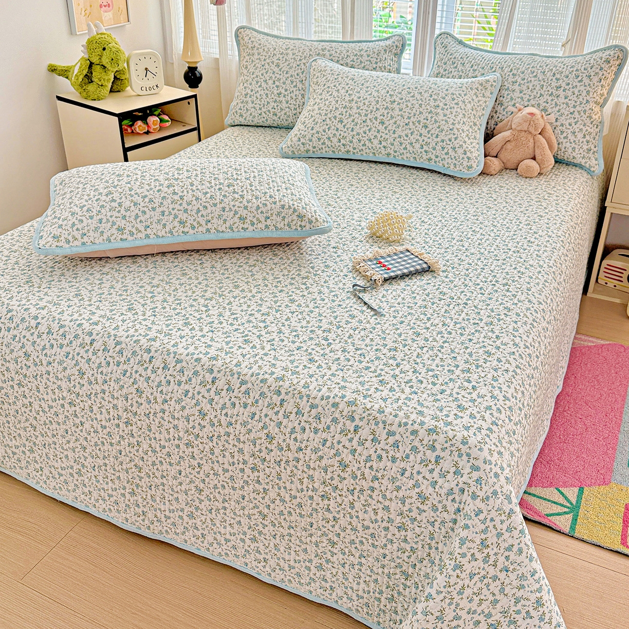 91家纺网 家纺一手货源 找家纺 恒尚居 2025新款全棉牛奶绒床盖四季可用纯棉夹棉床单床褥垫三件套-秋冬款系列二 蓝韵【A纯棉-B牛奶绒】