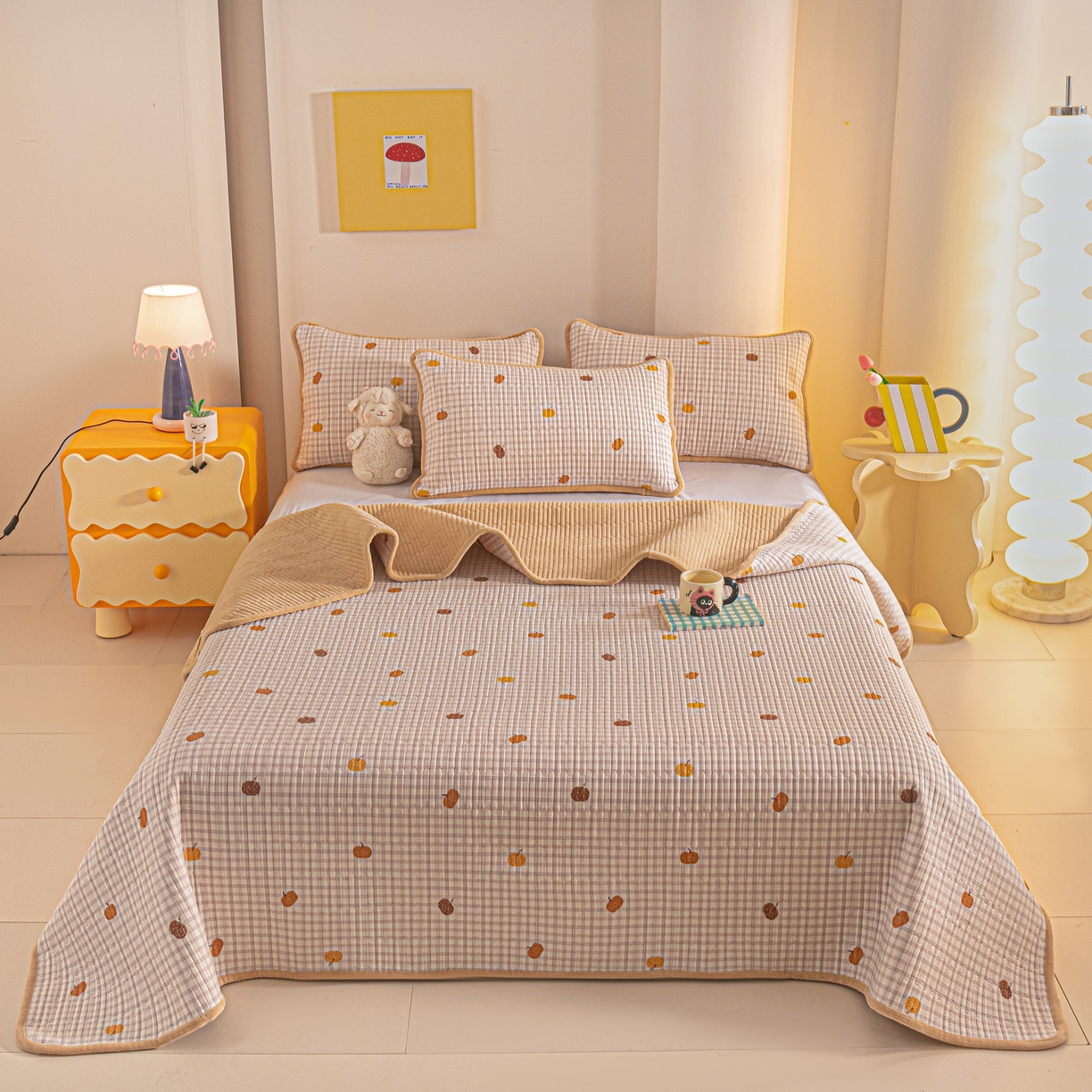 91家纺网 家纺一手货源 找家纺 恒尚居 2025新款全棉牛奶绒床盖四季可用纯棉夹棉床单床褥垫三件套-秋冬款系列二 南瓜奇趣【A纯棉-B牛奶绒】