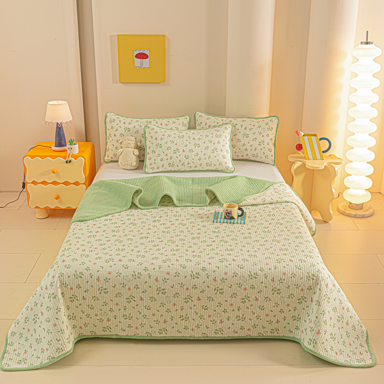 91家纺网 家纺一手货源 找家纺 恒尚居 2025新款全棉牛奶绒床盖四季可用纯棉夹棉床单床褥垫三件套-秋冬款系列二 清新雅韵【A纯棉-B牛奶绒】