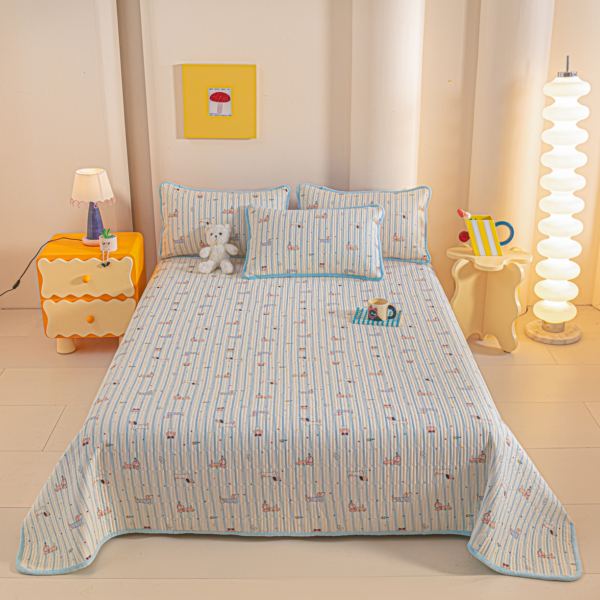 91家纺网 家纺一手货源 找家纺 恒尚居 2025新款全棉牛奶绒床盖四季可用纯棉夹棉床单床褥垫三件套-秋冬款系列二 机灵旺仔【A纯棉-B牛奶绒】