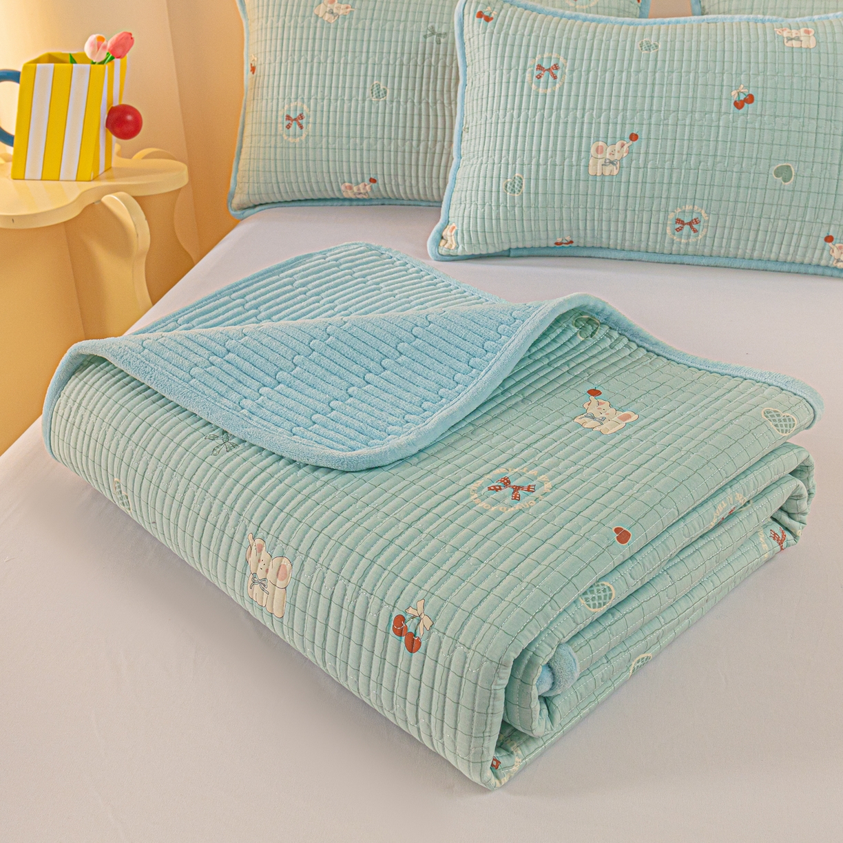 91家纺网 家纺一手货源 找家纺 恒尚居 2025新款全棉牛奶绒床盖四季可用纯棉夹棉床单床褥垫三件套-秋冬款系列二 蓝象【A纯棉-B牛奶绒】