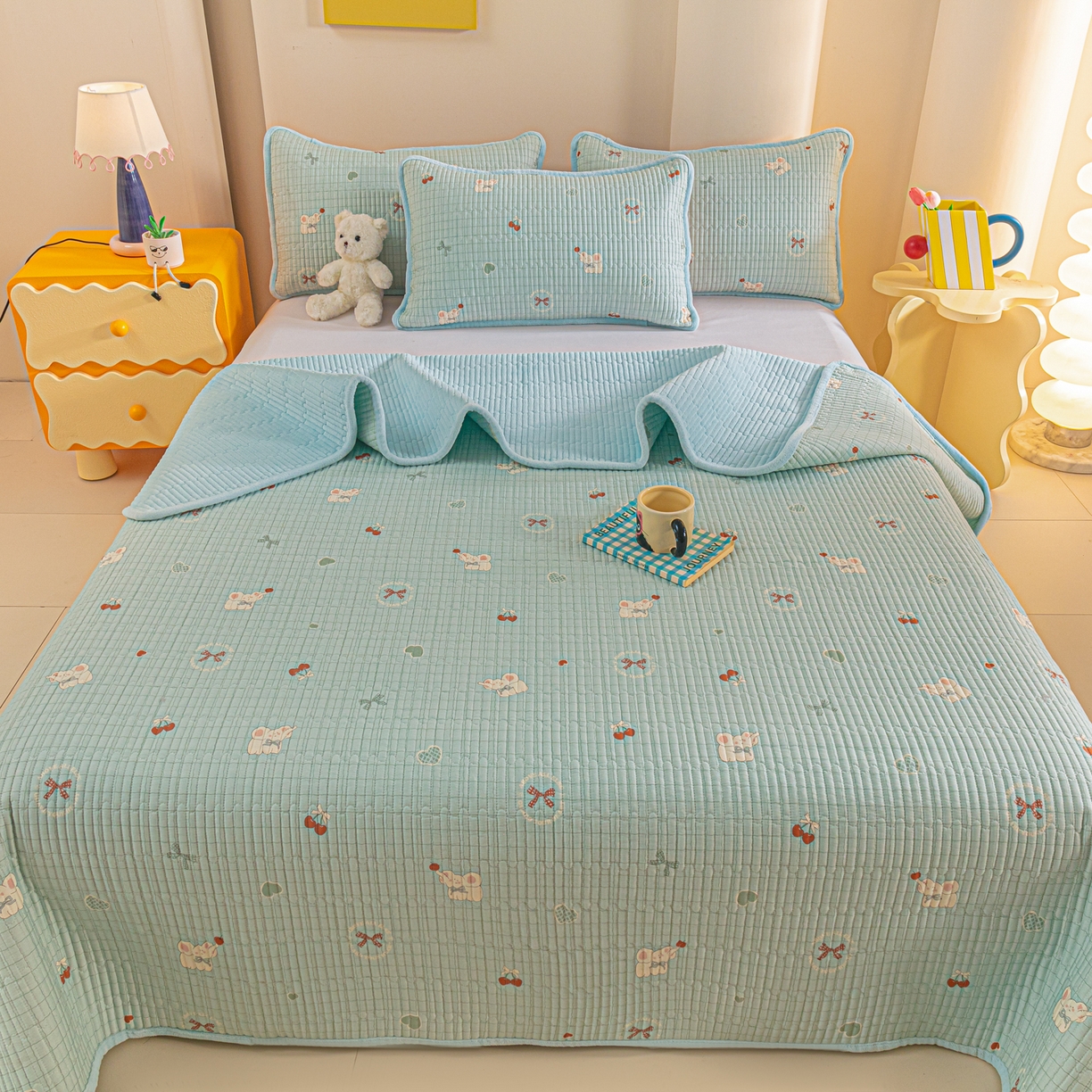 91家纺网 家纺一手货源 找家纺 恒尚居 2025新款全棉牛奶绒床盖四季可用纯棉夹棉床单床褥垫三件套-秋冬款系列二 蓝象【A纯棉-B牛奶绒】