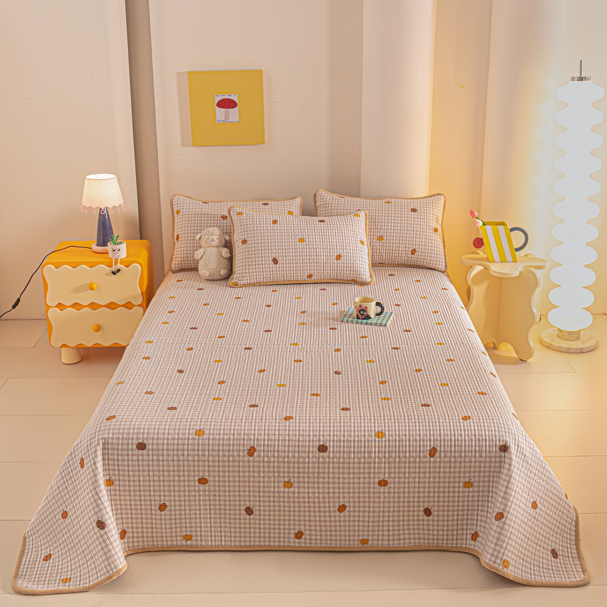 91家纺网 家纺一手货源 找家纺 恒尚居 2025新款全棉牛奶绒床盖四季可用纯棉夹棉床单床褥垫三件套-秋冬款系列二 南瓜奇趣【A纯棉-B牛奶绒】