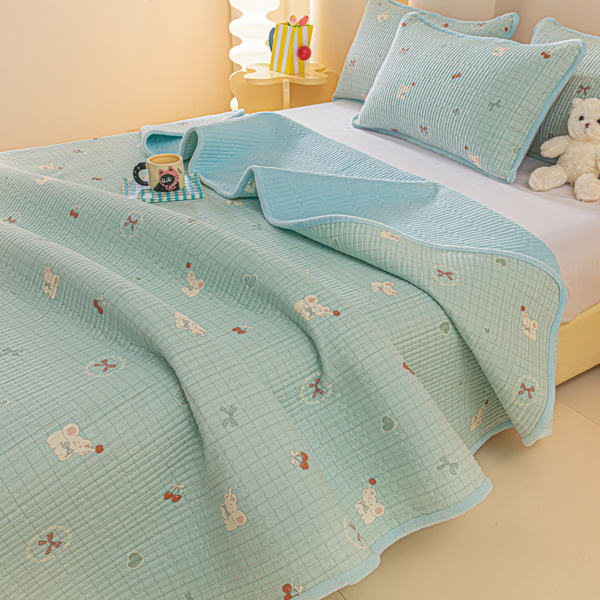 91家纺网 家纺一手货源 找家纺 恒尚居 2025新款全棉牛奶绒床盖四季可用纯棉夹棉床单床褥垫三件套-秋冬款系列二 蓝象【A纯棉-B牛奶绒】