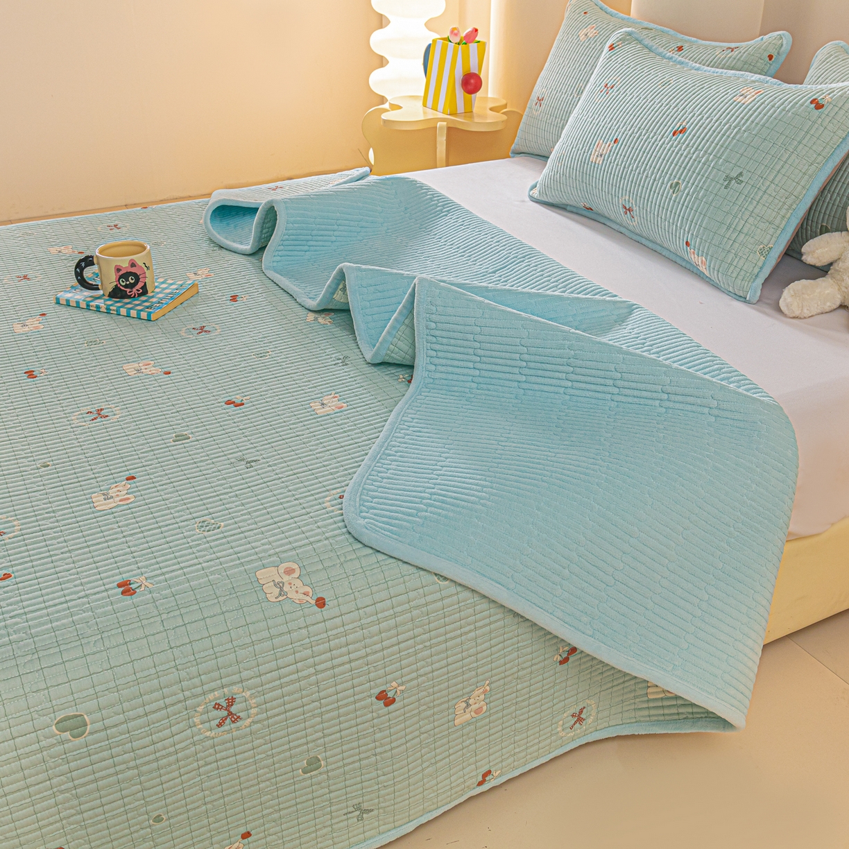 91家纺网 家纺一手货源 找家纺 恒尚居 2025新款全棉牛奶绒床盖四季可用纯棉夹棉床单床褥垫三件套-秋冬款系列二 蓝象【A纯棉-B牛奶绒】