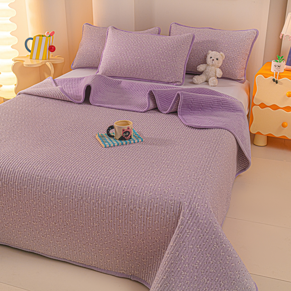 91家纺网 家纺一手货源 找家纺 恒尚居 2025新款全棉牛奶绒床盖四季可用纯棉夹棉床单床褥垫三件套-秋冬款系列二 花言【A纯棉-B牛奶绒】