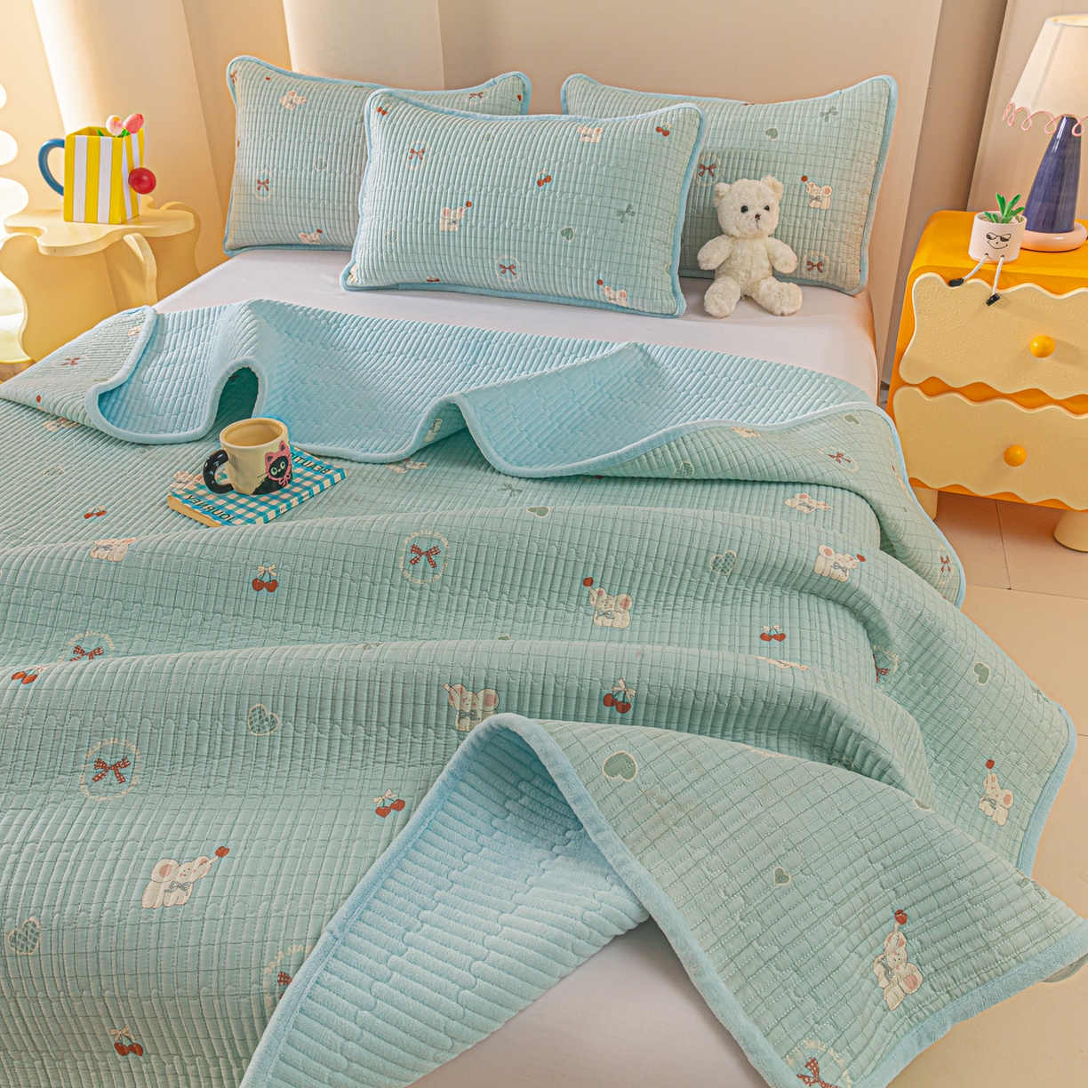 91家纺网 家纺一手货源 找家纺 恒尚居 2025新款全棉牛奶绒床盖四季可用纯棉夹棉床单床褥垫三件套-秋冬款系列二 蓝象【A纯棉-B牛奶绒】