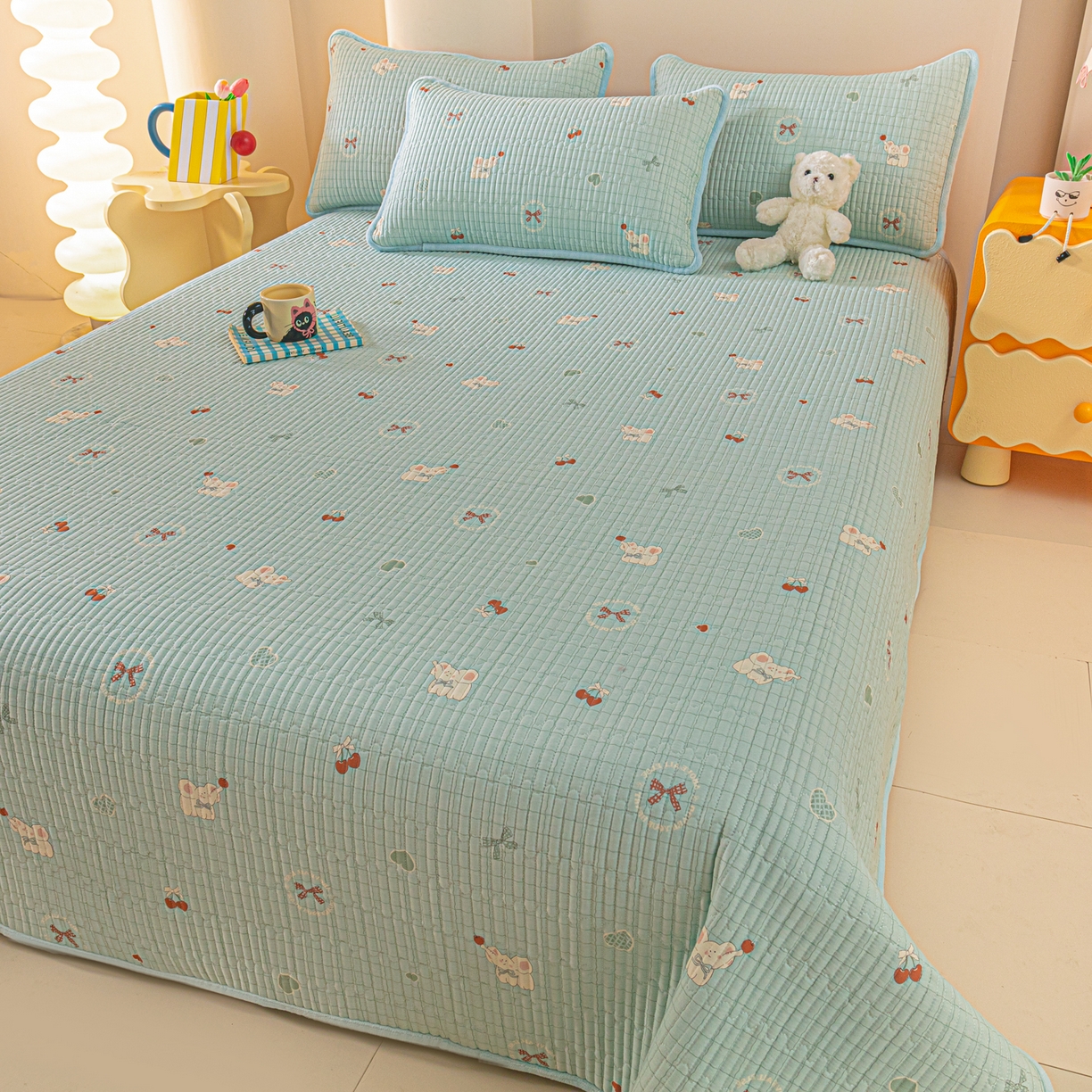 91家纺网 家纺一手货源 找家纺 恒尚居 2025新款全棉牛奶绒床盖四季可用纯棉夹棉床单床褥垫三件套-秋冬款系列二 蓝象【A纯棉-B牛奶绒】