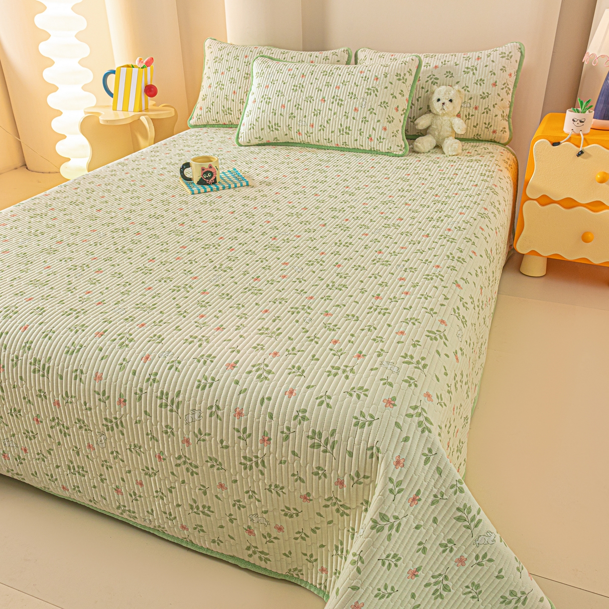 91家纺网 家纺一手货源 找家纺 恒尚居 2025新款全棉牛奶绒床盖四季可用纯棉夹棉床单床褥垫三件套-秋冬款系列二 清新雅韵【A纯棉-B牛奶绒】