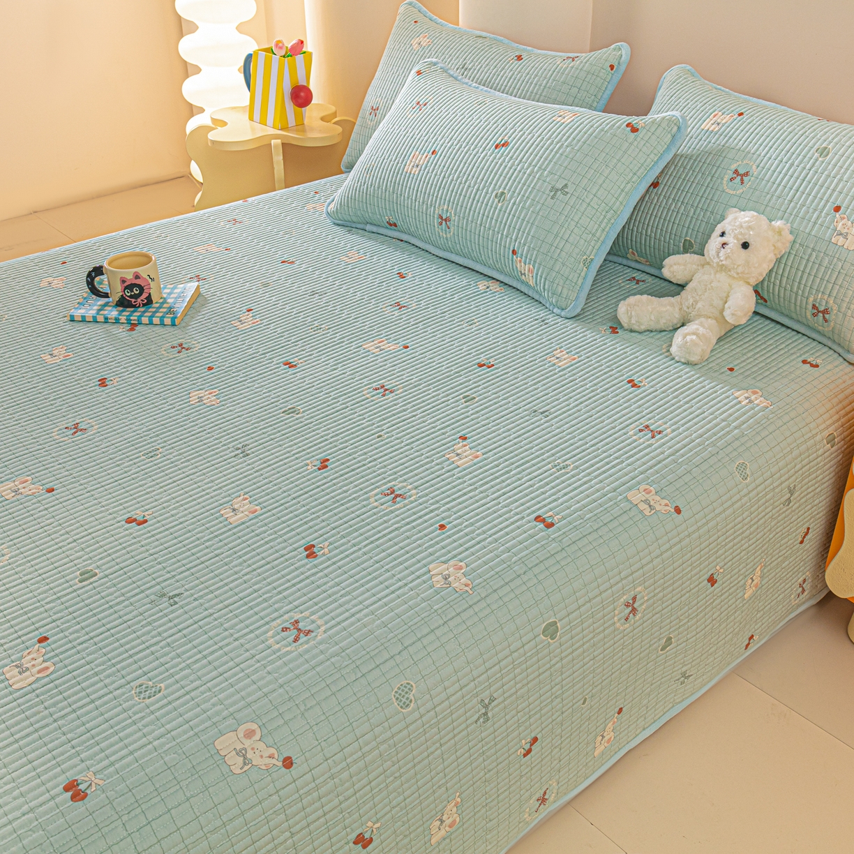 91家纺网 家纺一手货源 找家纺 恒尚居 2025新款全棉牛奶绒床盖四季可用纯棉夹棉床单床褥垫三件套-秋冬款系列二 蓝象【A纯棉-B牛奶绒】